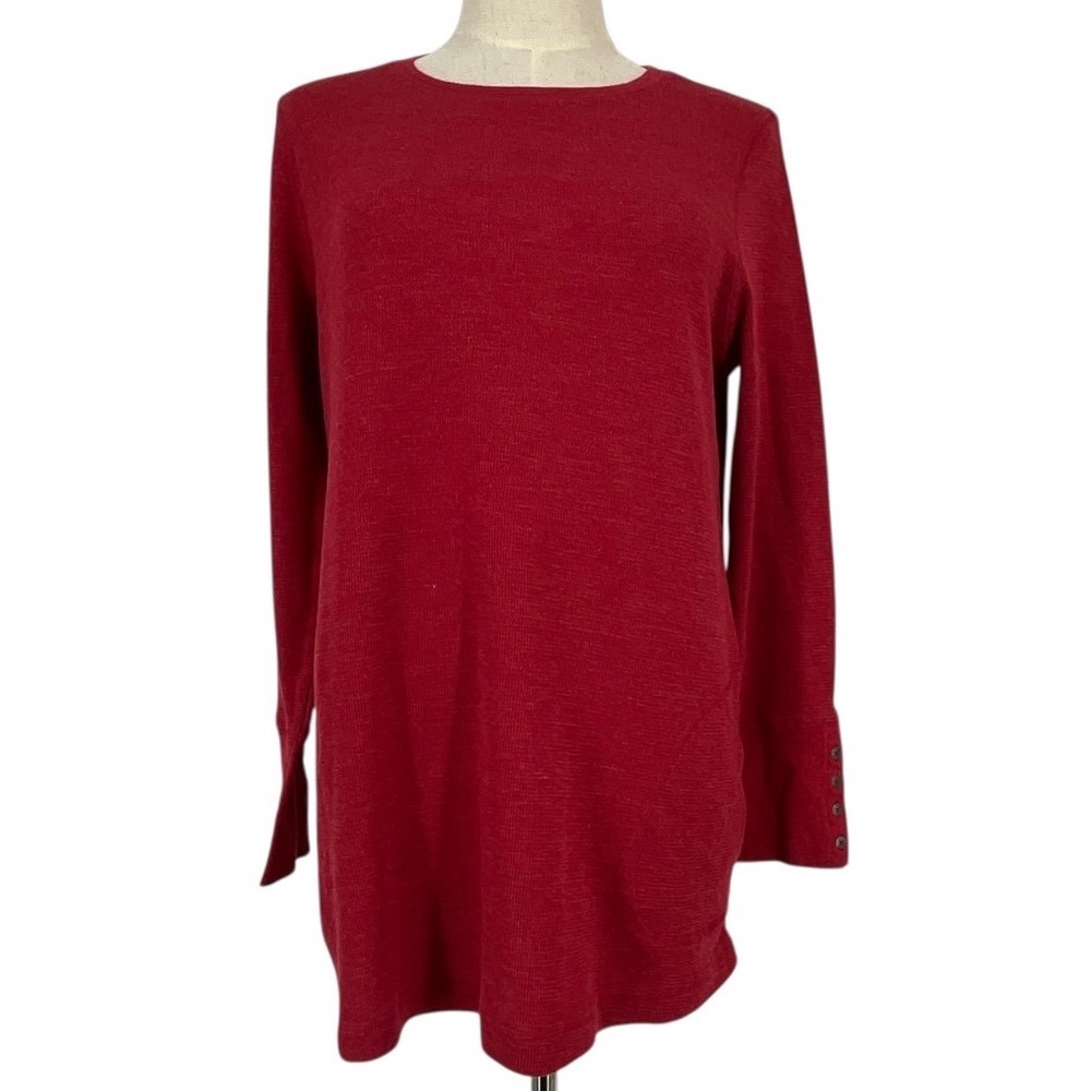 J‎ Jill Women Red Long Sleeve Crew Neck Button Cuff Tunic Top Med Casual Cozy